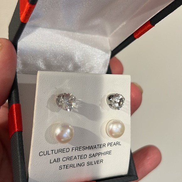 Pearl and Sapphire SS Pierced Stud Duo BNIB - Picture 14 of 14